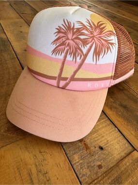 Roxy Sunset Palm Trucker Hat in Pink and Peach